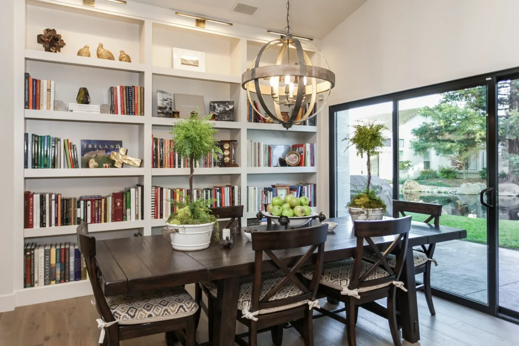 Nook with book shelf and dinning table decor
